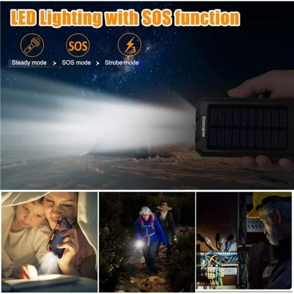 Portable Solar Charger Power Bank Waterproof Outdoor Camping USB C LED Light